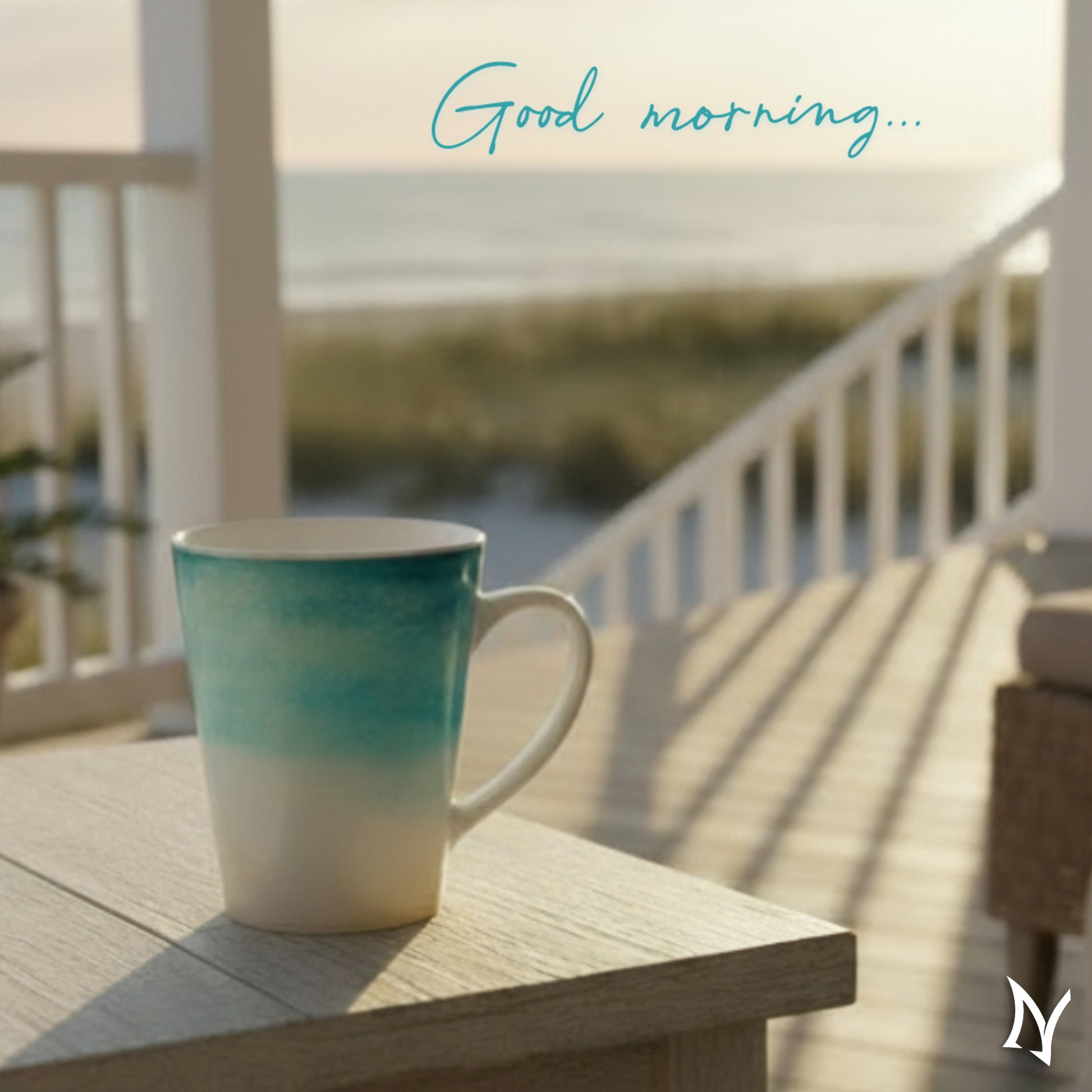 Beach Latte Mug on a table at sunrise