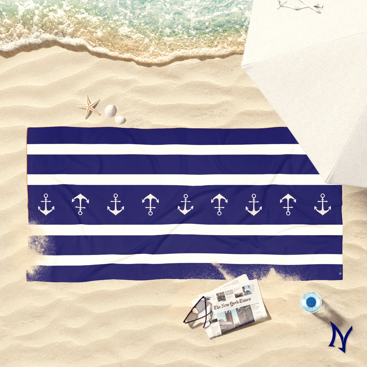 Navy Striped Nautical Anchor Beach Towel