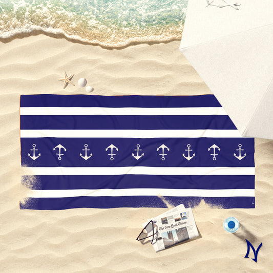Navy Striped Nautical Anchor Beach Towel