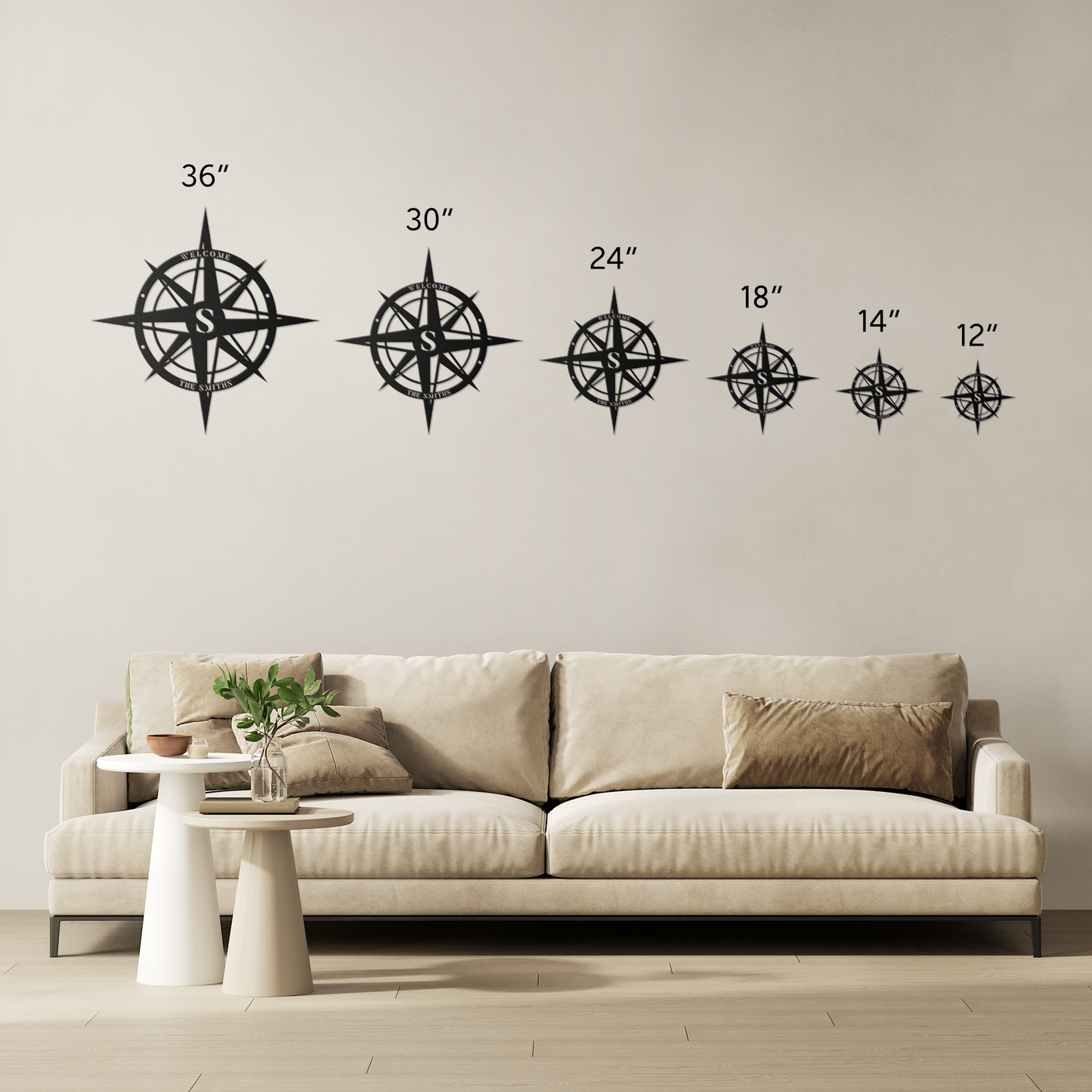 Personalized Compass Rose Metal Sign sizes